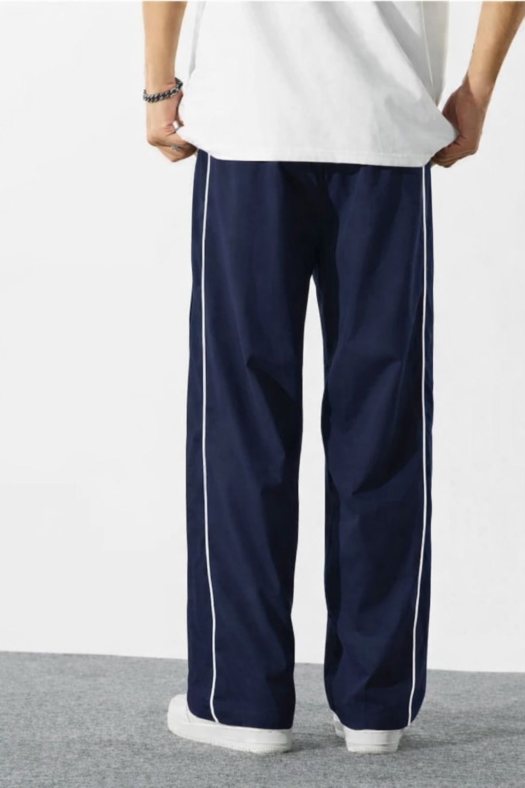 Dotteds Men's Navy Blue Polyester Pants with White Side Piping