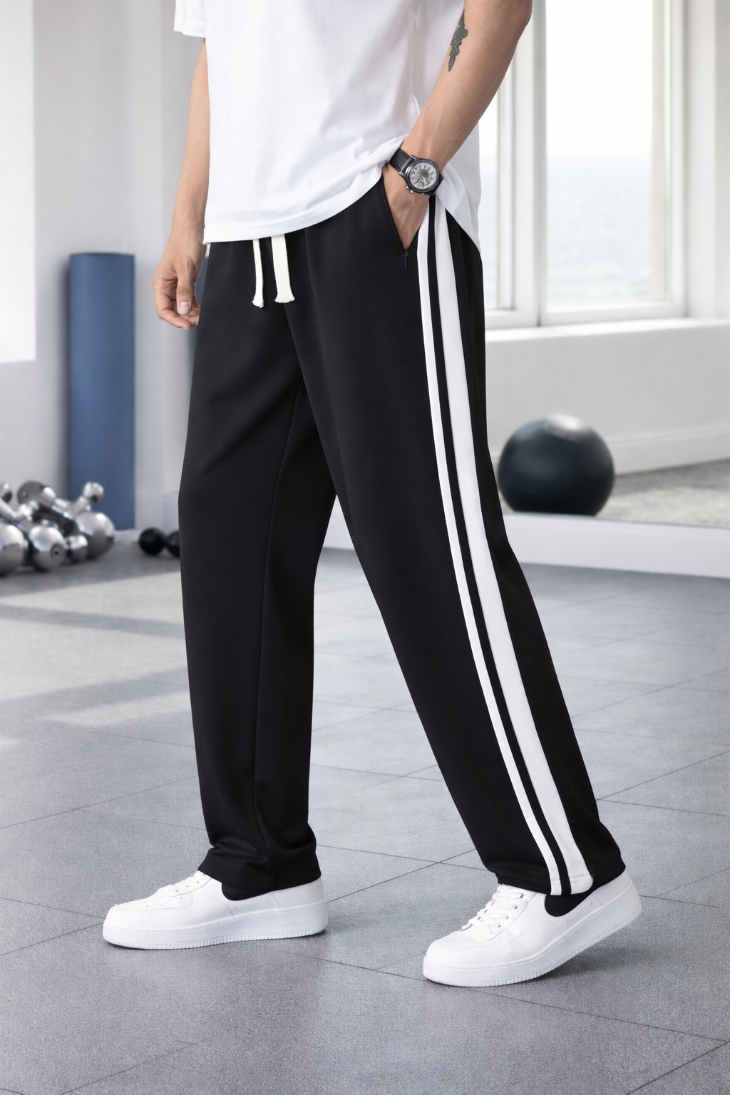 A person wearing black athletic pants with two white side stripes, a white t-shirt, and white sneakers, standing in a bright gym interior.