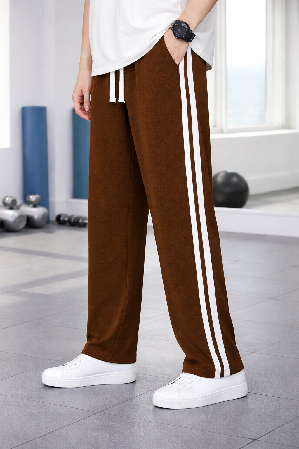 A person wearing coffee wide-leg track pants with two white side stripes, paired with a white t-shirt and white sneakers in a bright gym setting.