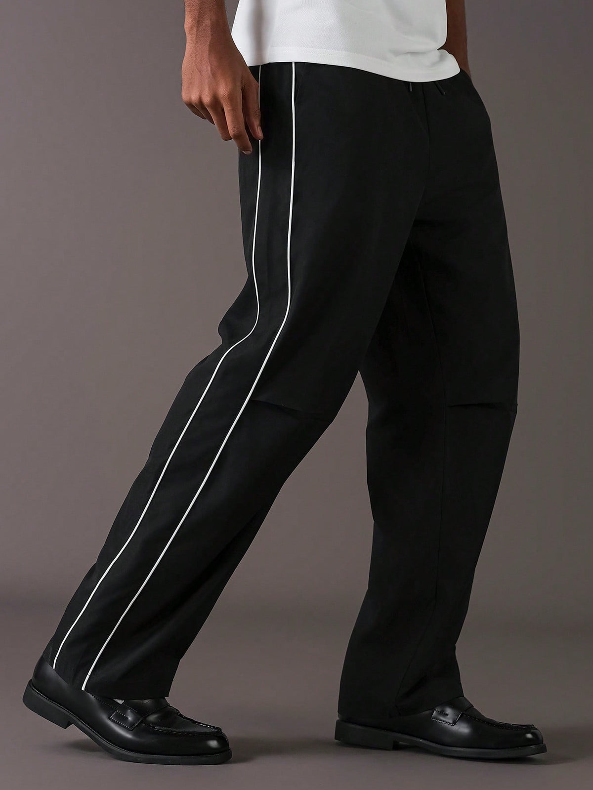 Dotteds Men's Black Polyester Pants with White Side Piping
