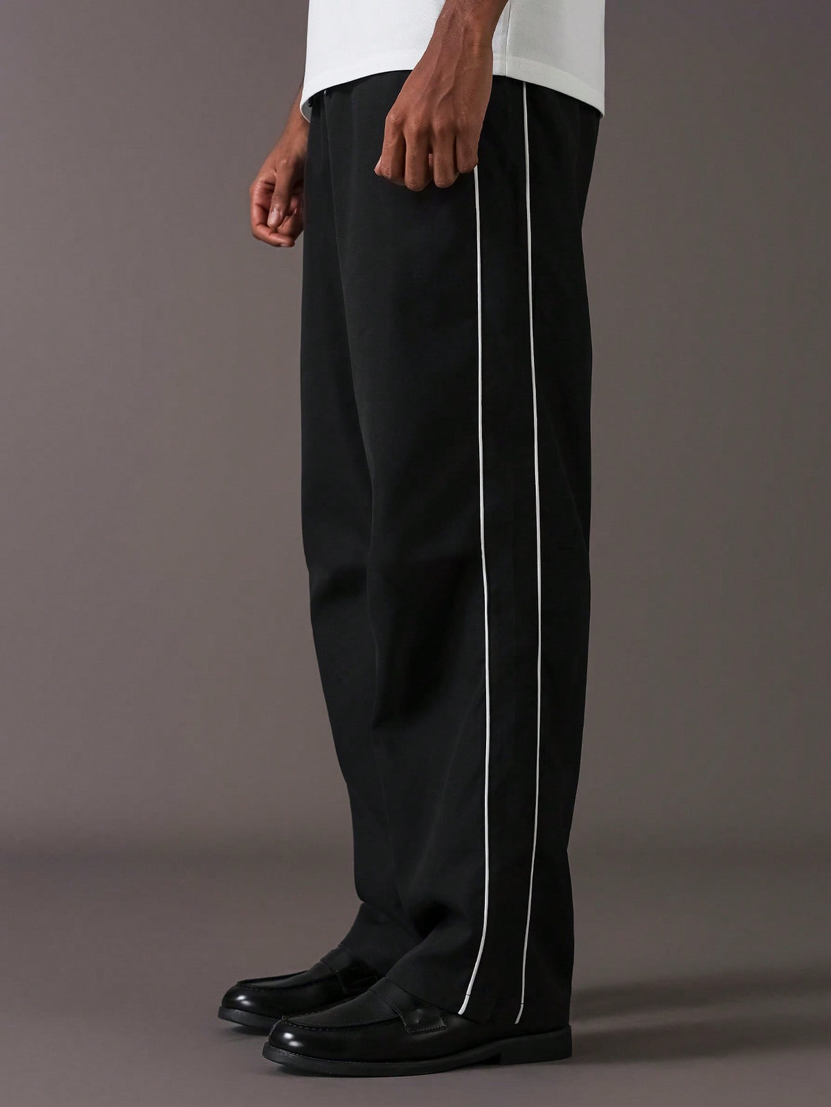 Dotteds Men's Black Polyester Pants with White Side Piping