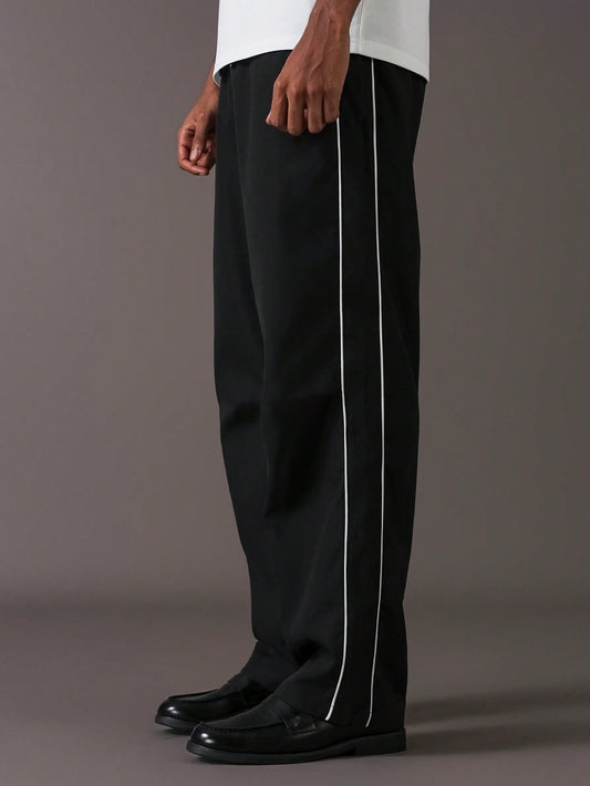 Dotteds Men's Black Polyester Pants with White Side Piping