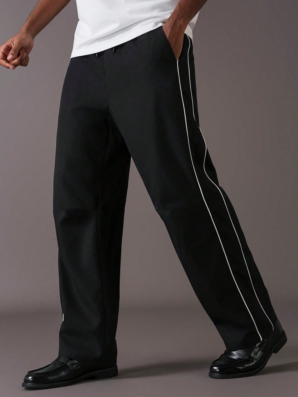 Dotteds Men's Black Polyester Pants with White Side Piping