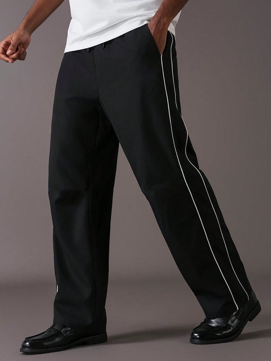 Dotteds Men's Black Polyester Pants with White Side Piping
