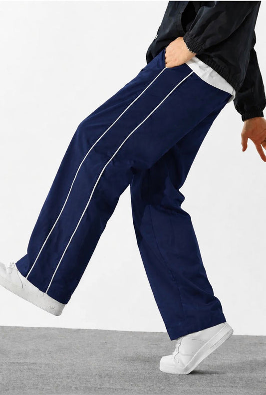 Dotteds Men's Navy Blue Polyester Pants with White Side Piping