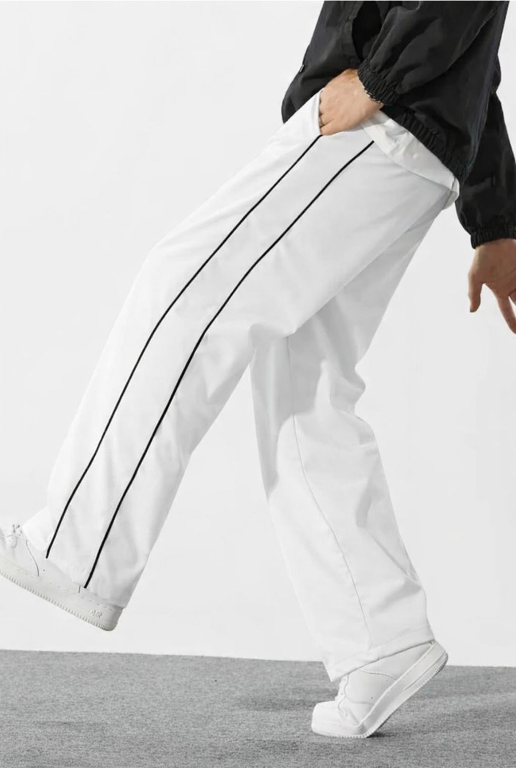 Dotteds Men's White Polyester Pants with Black Side Piping