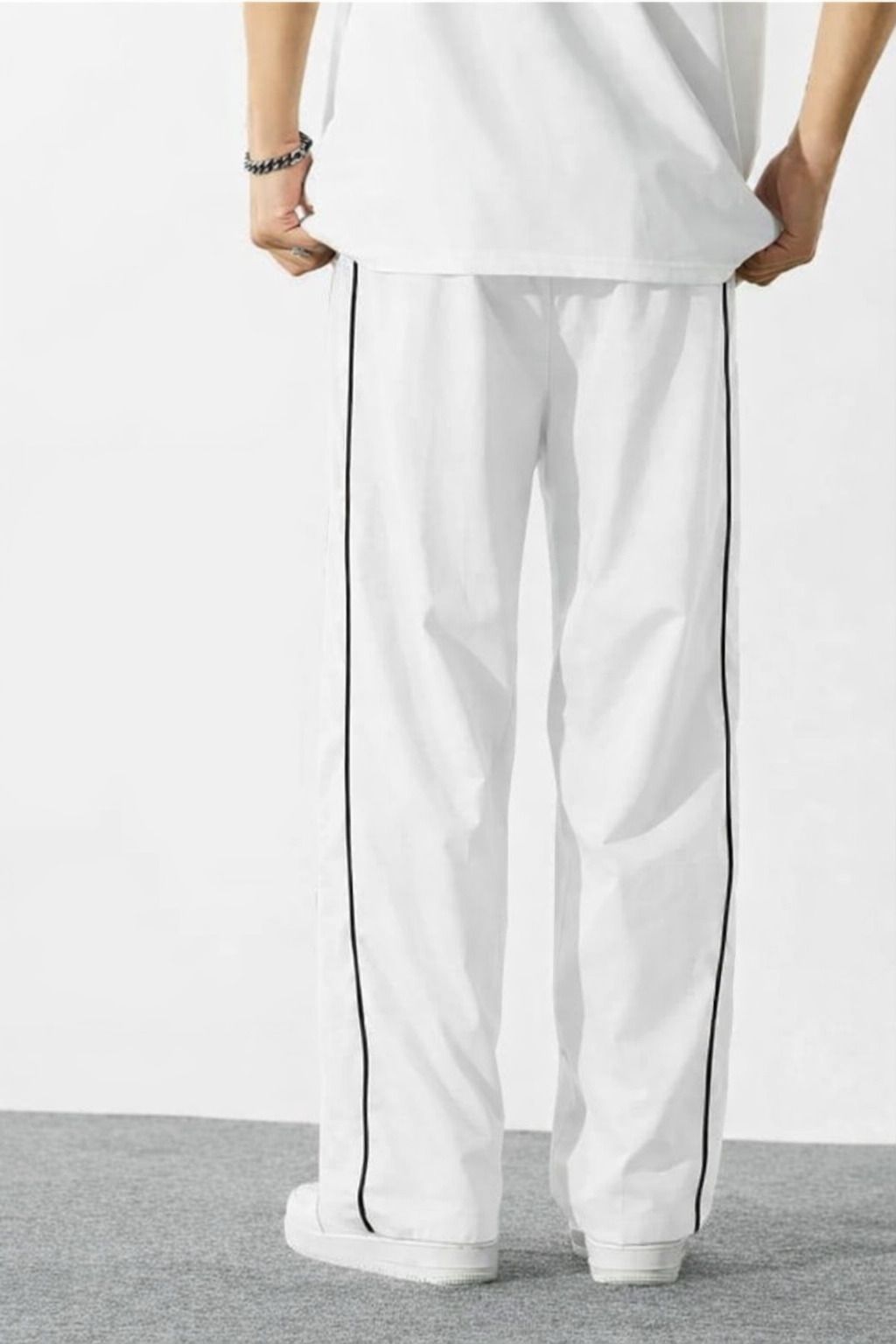 Dotteds Men's White Polyester Pants with Black Side Piping