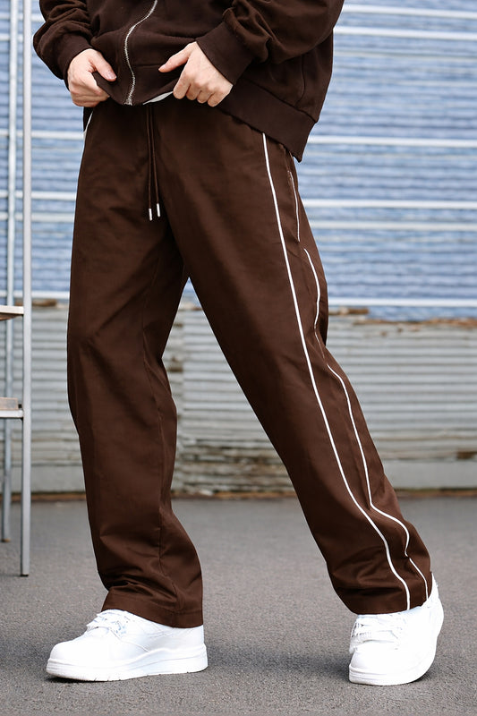 Dotteds Men's Coffee Polyester Pants with White Side Piping