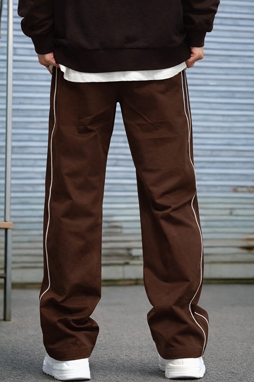Dotteds Men's Coffee Polyester Pants with White Side Piping