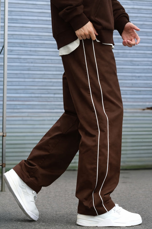 Dotteds Men's Coffee Polyester Pants with White Side Piping