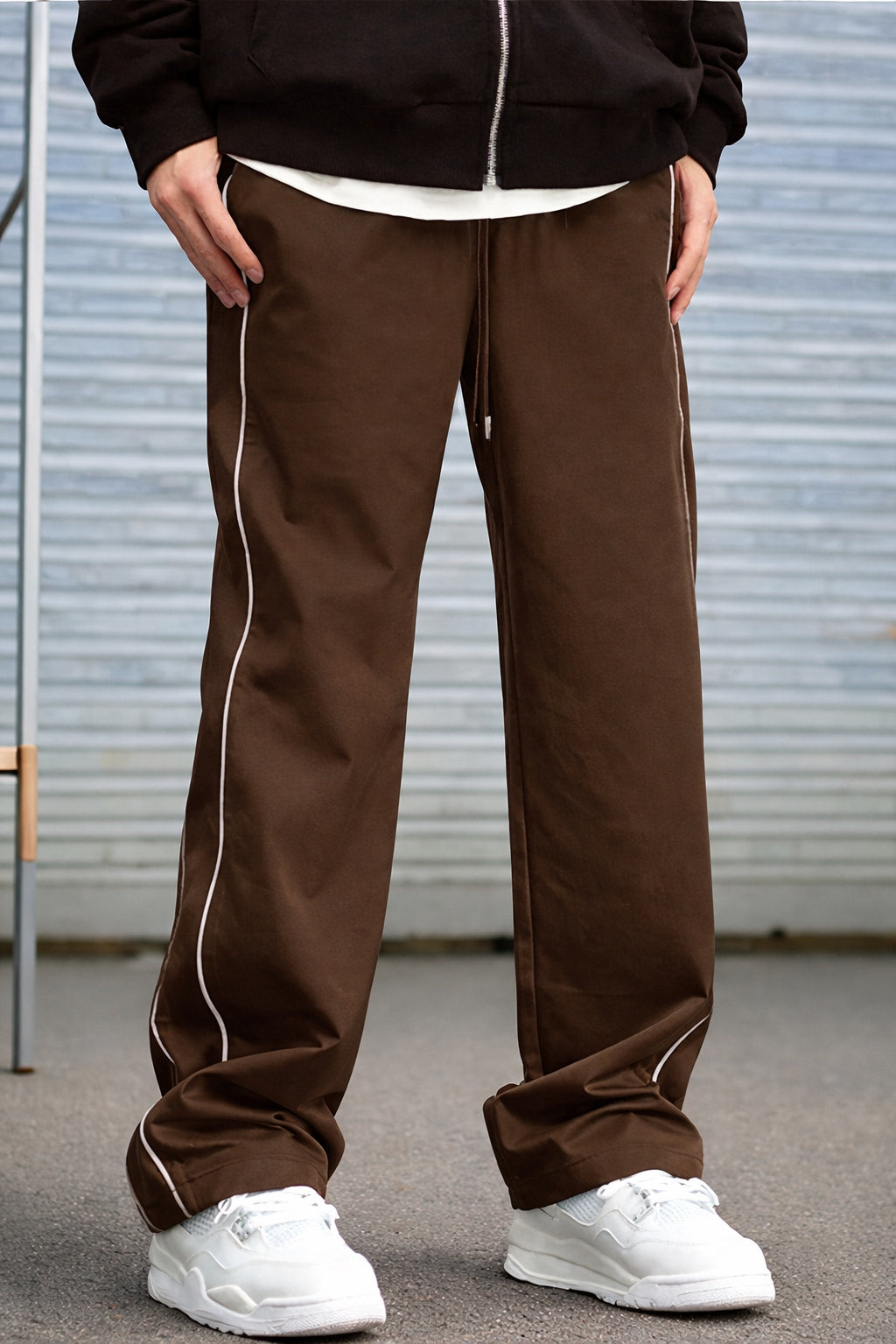 Dotteds Men's Coffee Polyester Pants with White Side Piping
