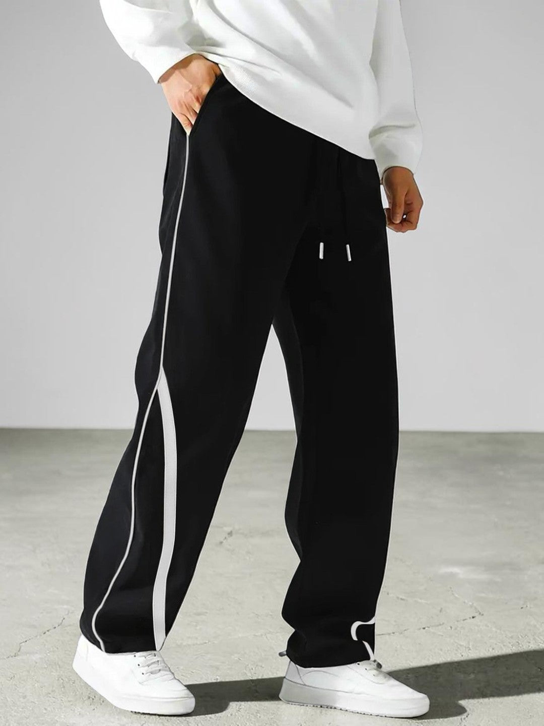 Men's Black Track Pants with White Piping | Dotteds