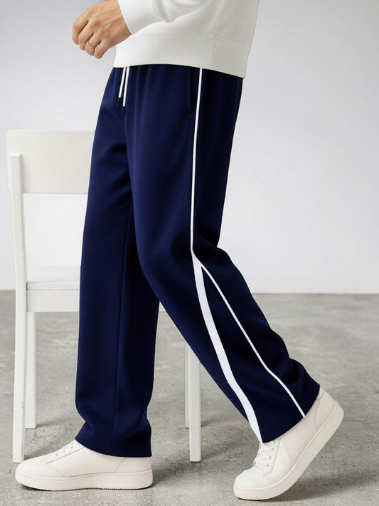 Men's Navy Blue Track Pants with White Piping | Dotteds