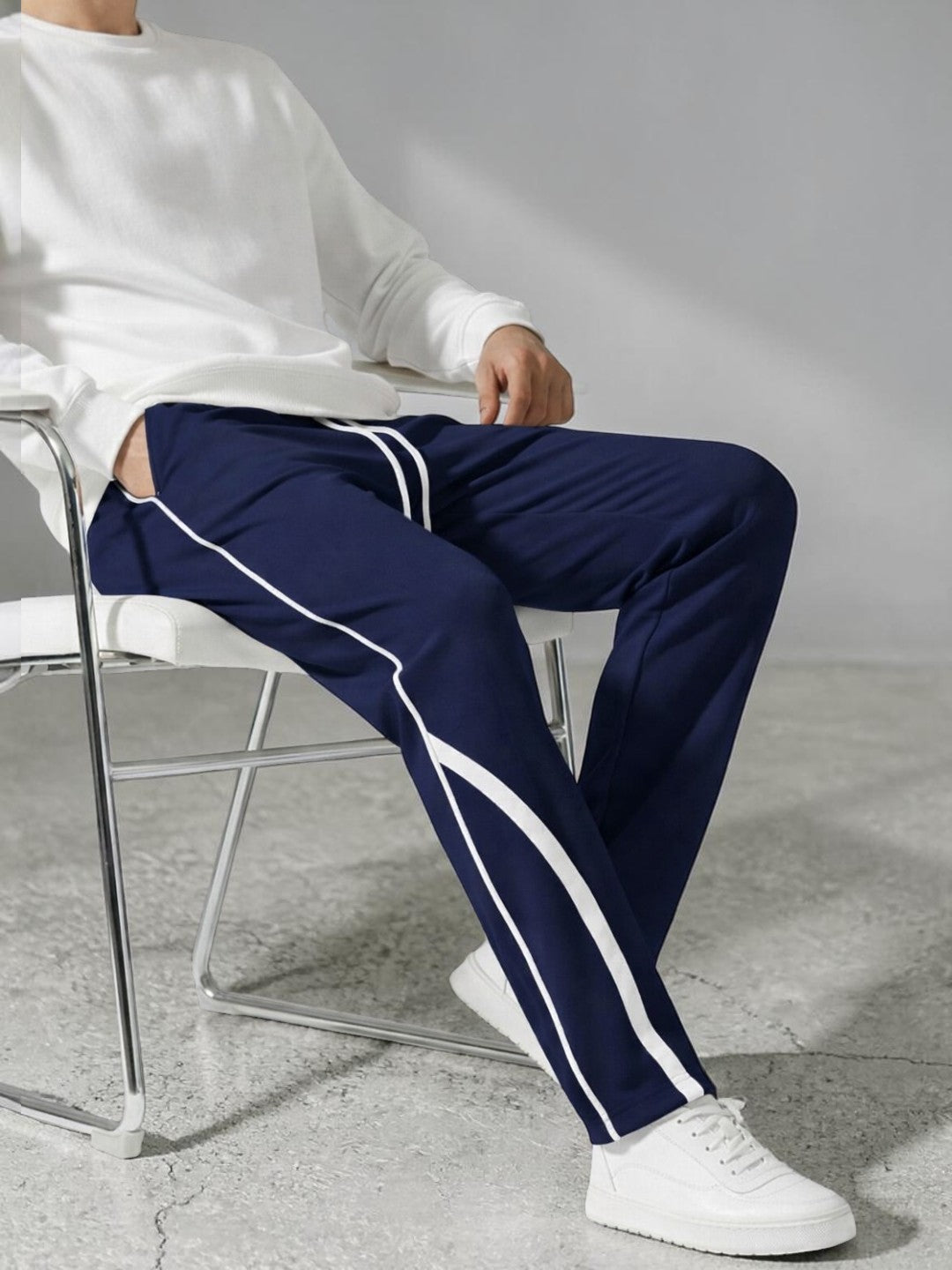 Men's Navy Blue Track Pants with White Piping | Dotteds