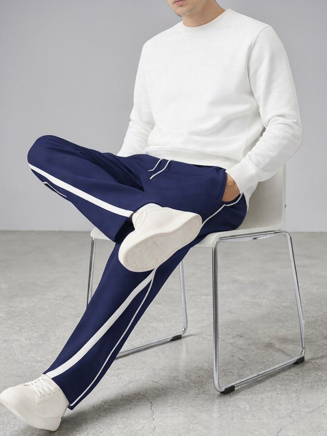 Men's Navy Blue Track Pants with White Piping | Dotteds