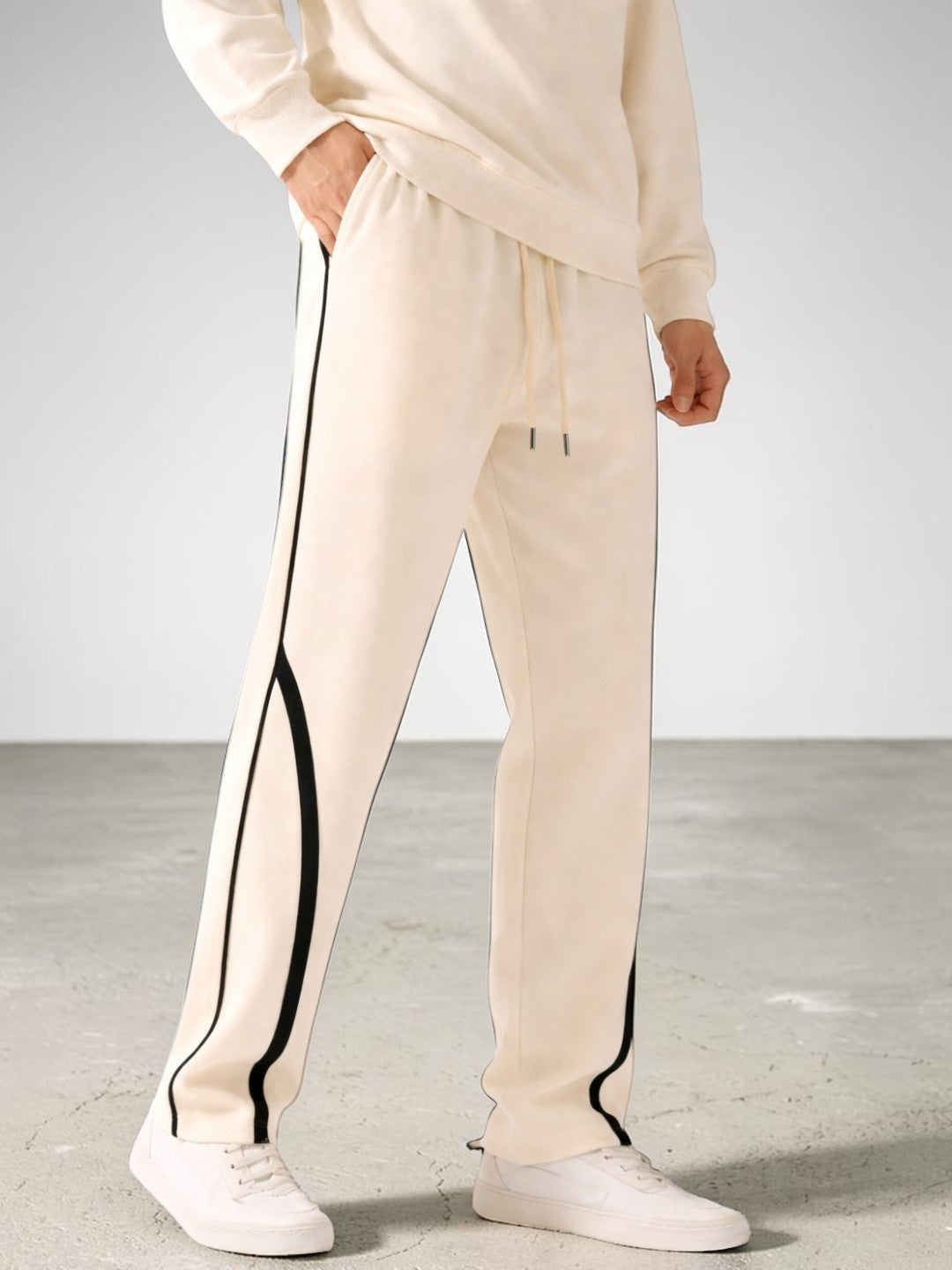 Men's Cream Track Pants with Black Piping | Dotteds