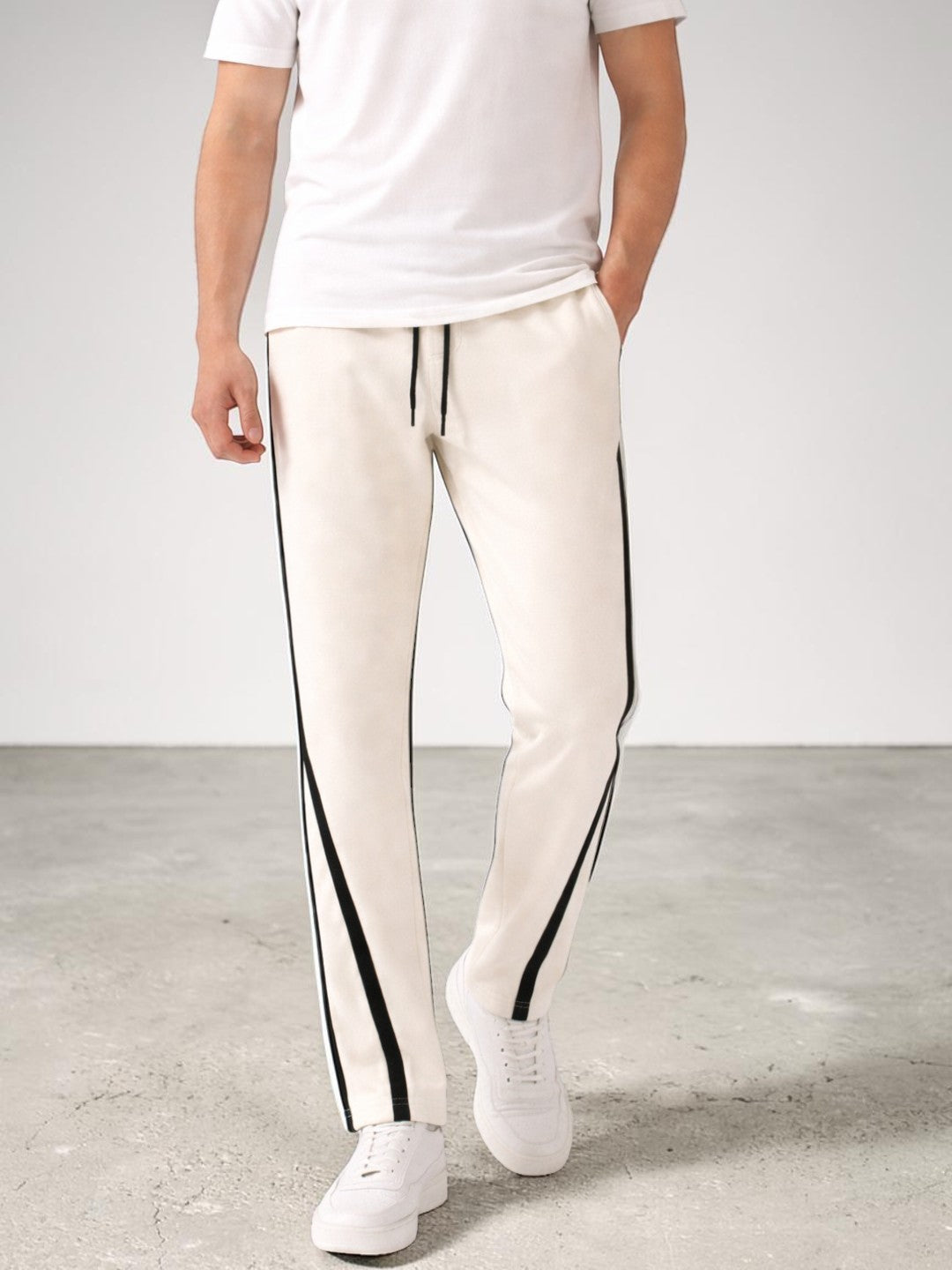 Men's Cream Track Pants with Black Piping | Dotteds