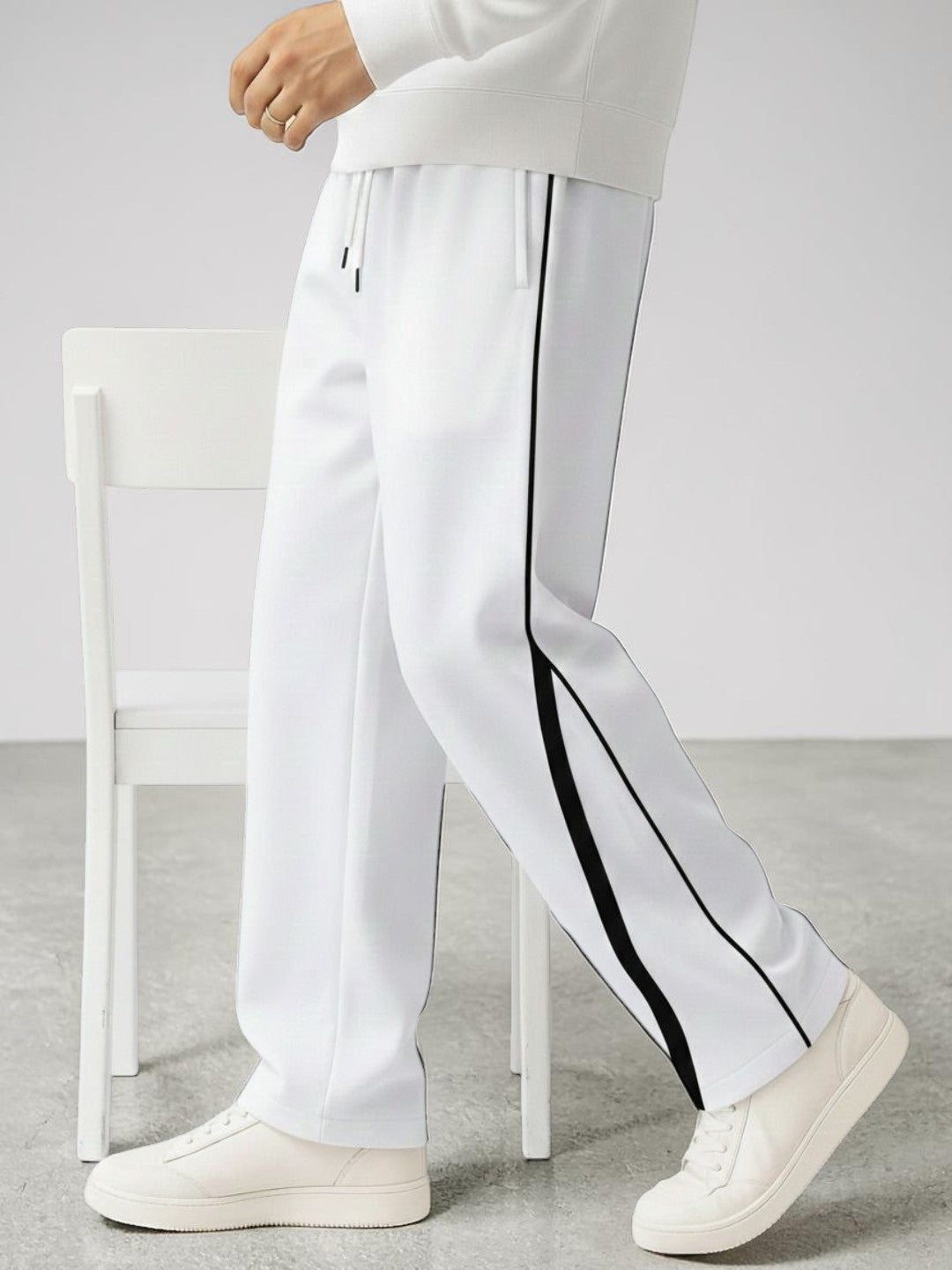 Men's White Track Pants with Black Piping | Dotteds
