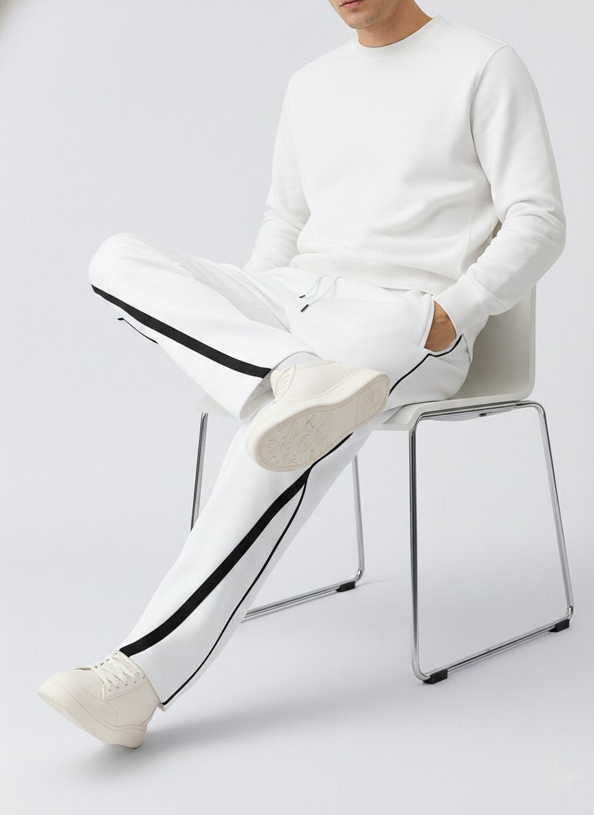 Men's White Track Pants with Black Piping | Dotteds