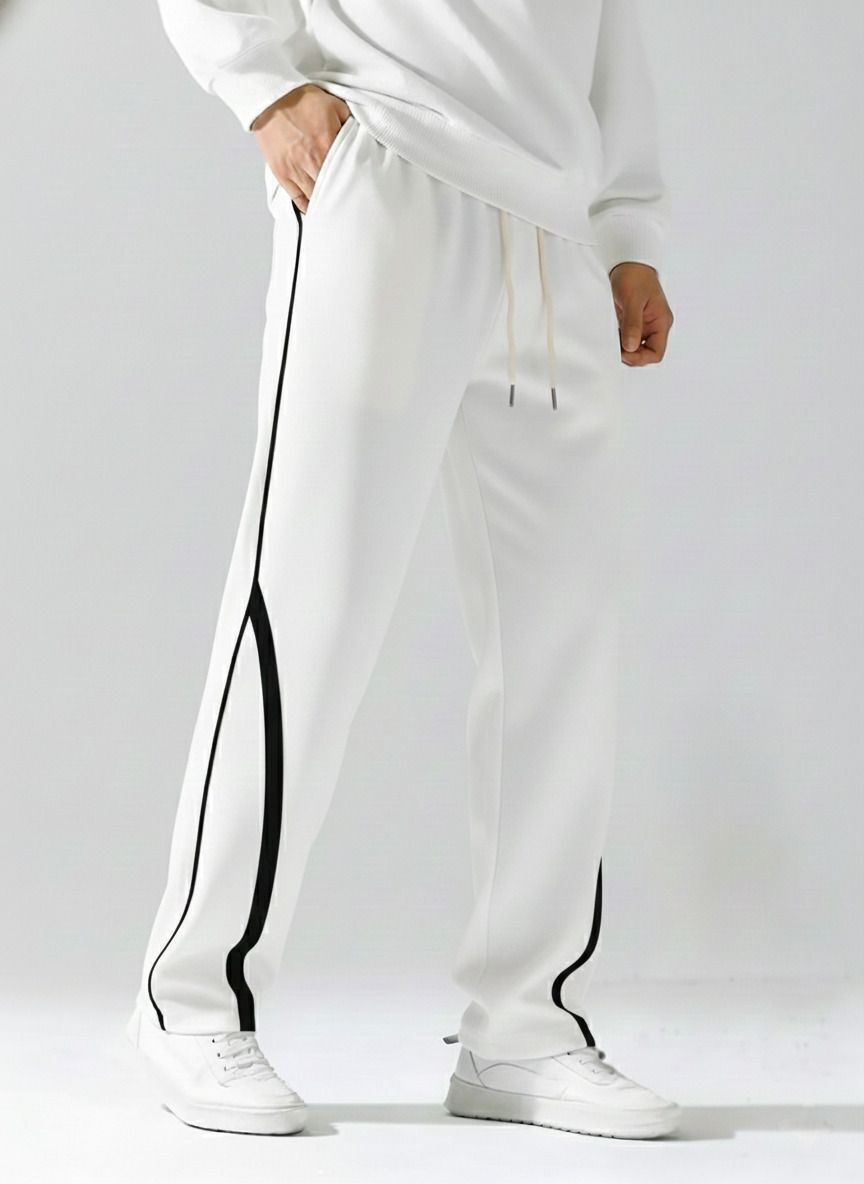 Men's White Track Pants with Black Piping | Dotteds
