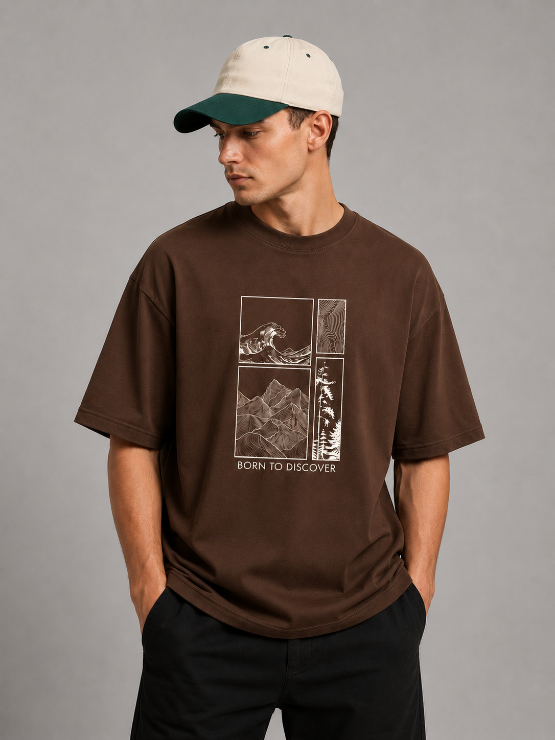 Wanderlust Graphic Tee | Burgundy Mountain & Ocean Wave T-Shirt