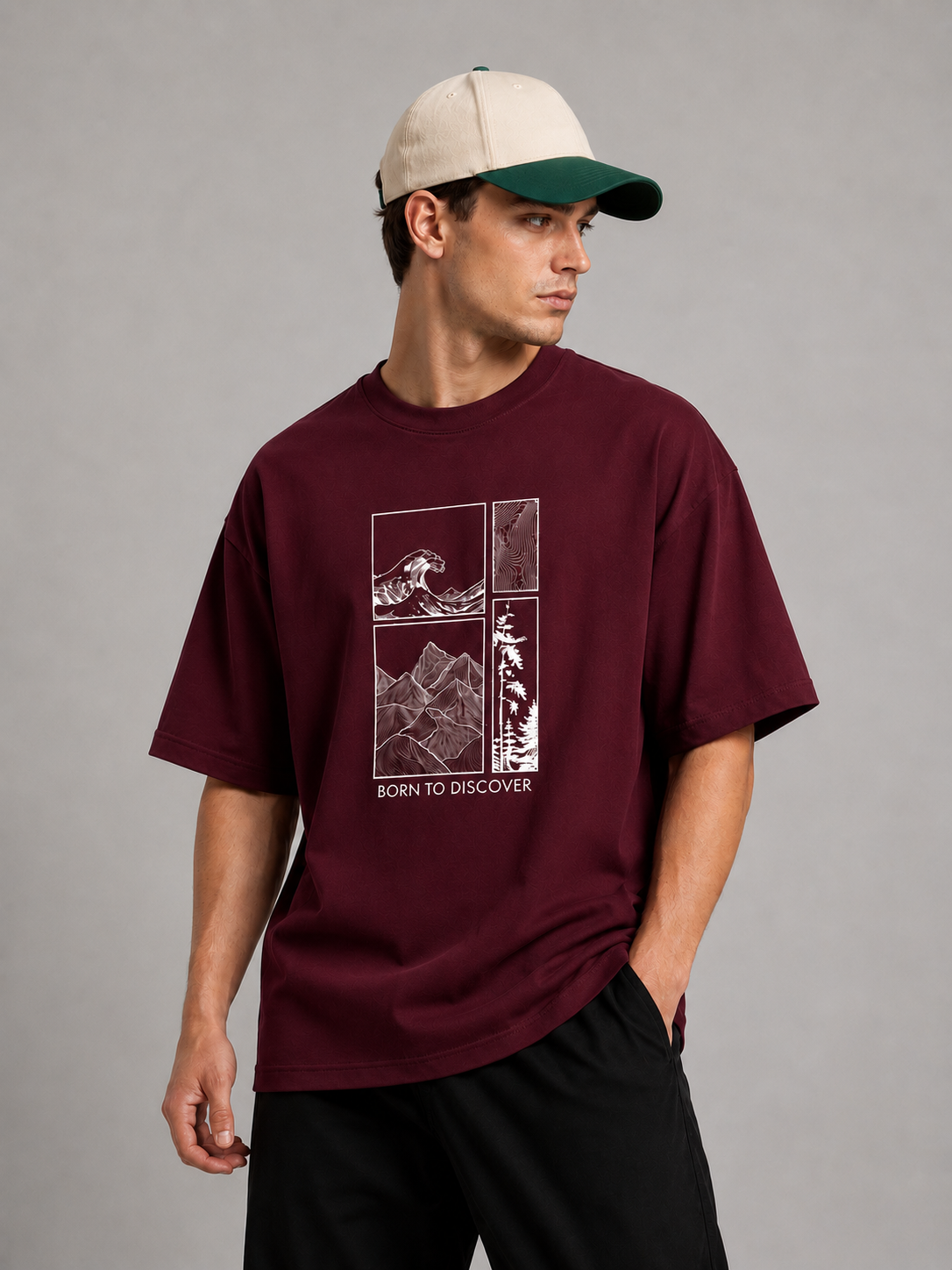 Wanderlust Graphic Tee | Burgundy Mountain & Ocean Wave T-Shirt