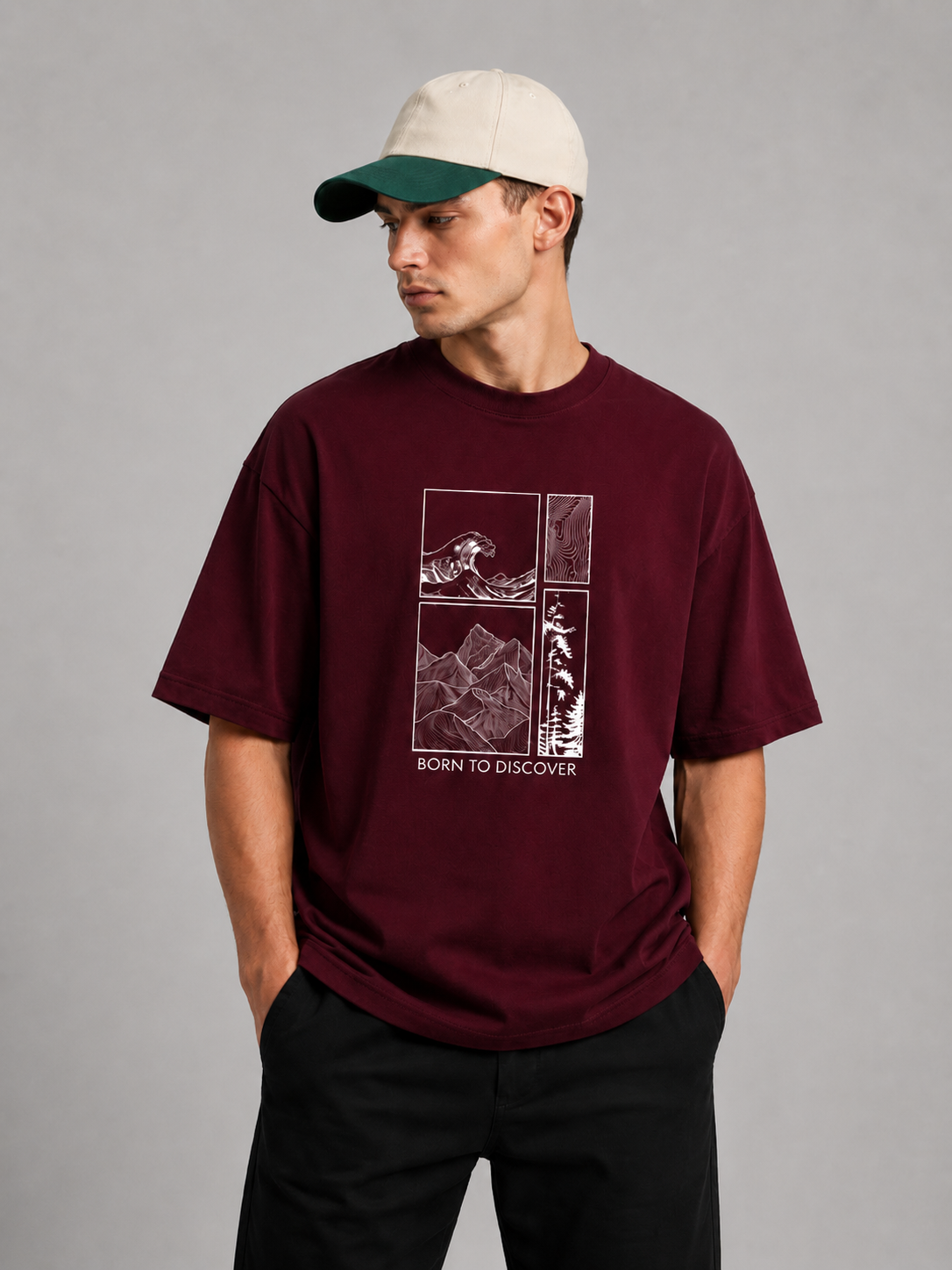 Wanderlust Graphic Tee | Burgundy Mountain & Ocean Wave T-Shirt