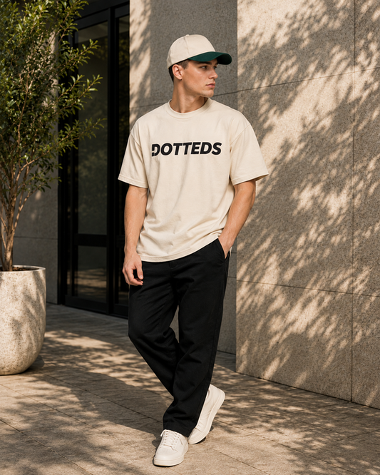 A man wearing a beige t-shirt with 'DOTTEDS' printed in black across the chest, black pants, white sneakers, and a beige cap with a green brim, standing outdoors against a stone wall with tree shadows.