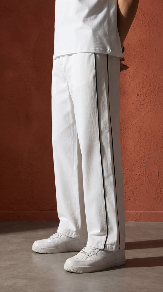 Dotteds Men's White Polyester Pants with Black Side Piping